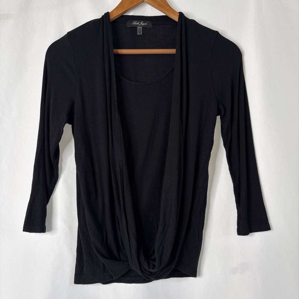 Laila Jayde Dorsi Front Drape Ribbed Knit Black Top XS 3/4 Sleeve Stretch Rayon